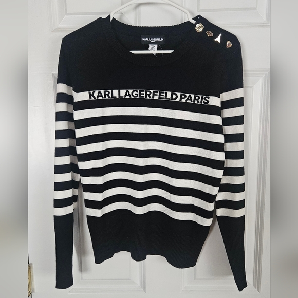 Karl Lagerfeld Sweaters - Karl Lagerfeld Black & White Striped Sweater With Gold Embellishments